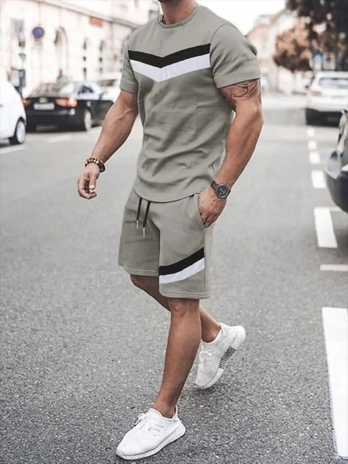 Ensemble T-shirt et short à col rond pour hommes, ensemble deux pièces décontracté avec lettres rayé