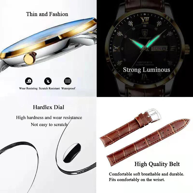 POEDAGAR marque de luxe hommes montres étanche lumineux en cuir Quartz homme montre-bracelet sport d