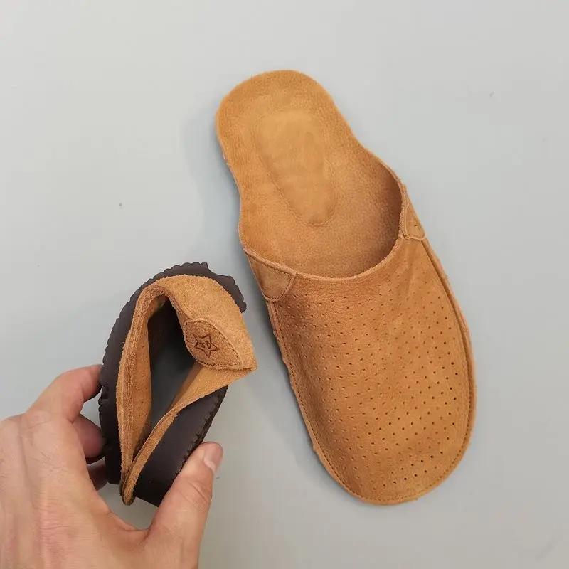 Pantoufles mules en cuir naturel pour hommes, pantoufles d'été en cuir de vache creux, respirant, fo