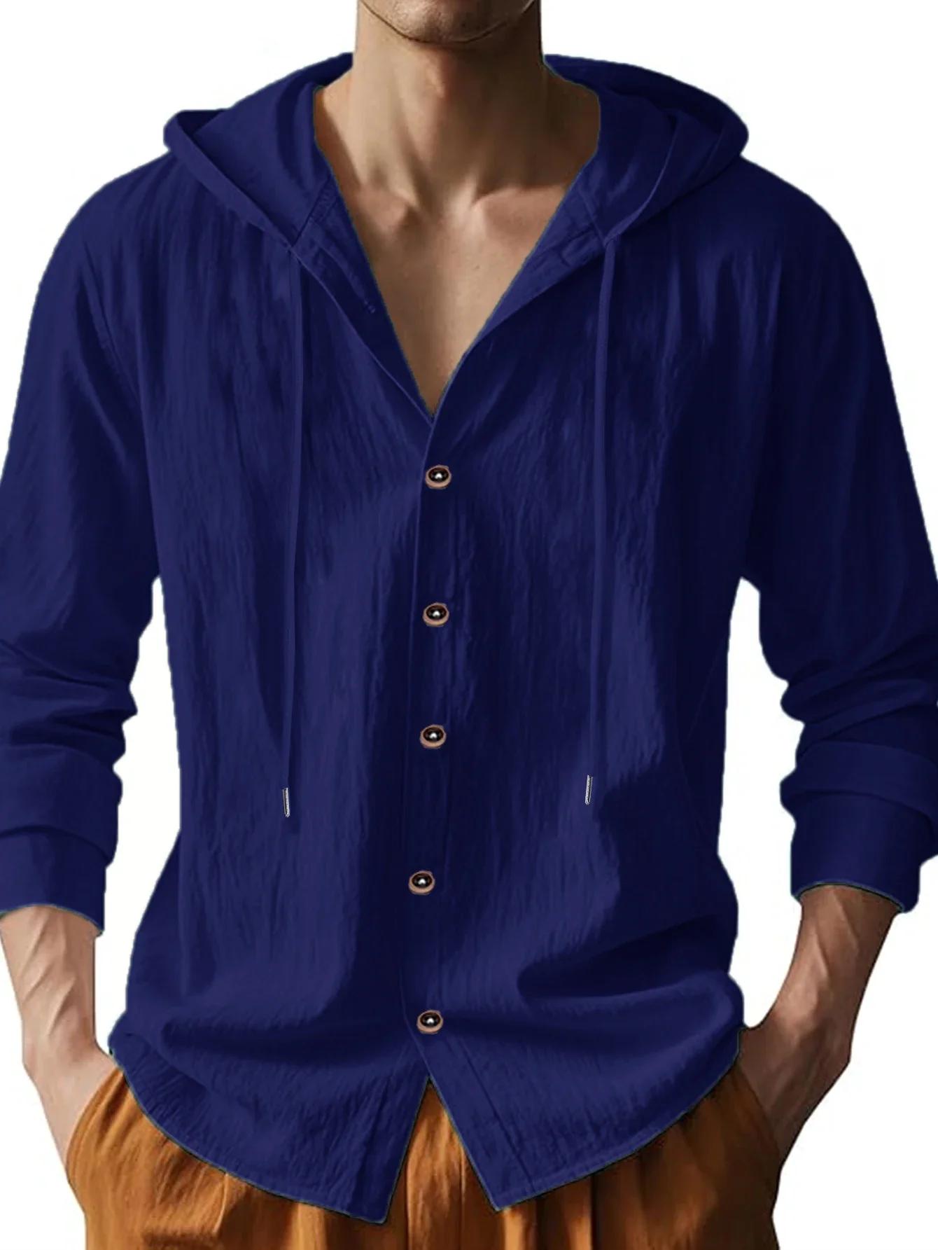 Été offre spéciale plage Style chemises hommes à manches longues avec capuche coton lin couleur unie