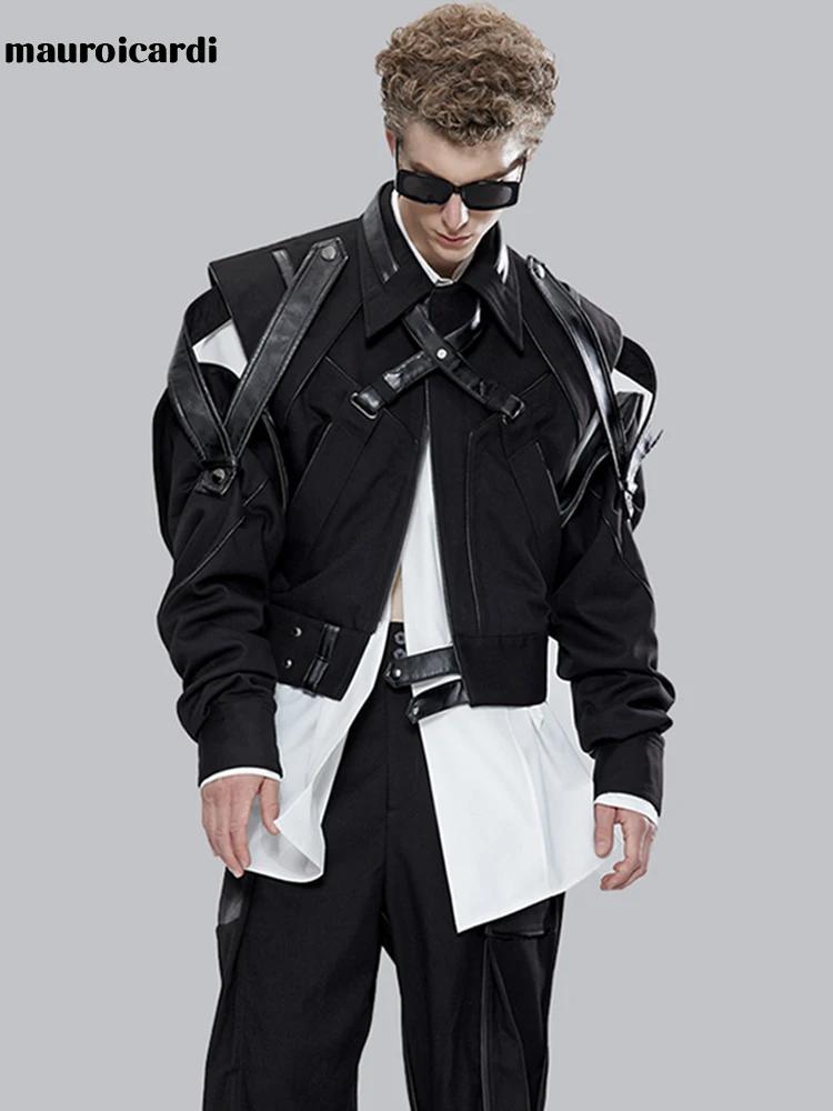 Mauroicardi-Veste courte en cuir patchwork pour homme, manches longues, piste, cool, luxe, vêtements