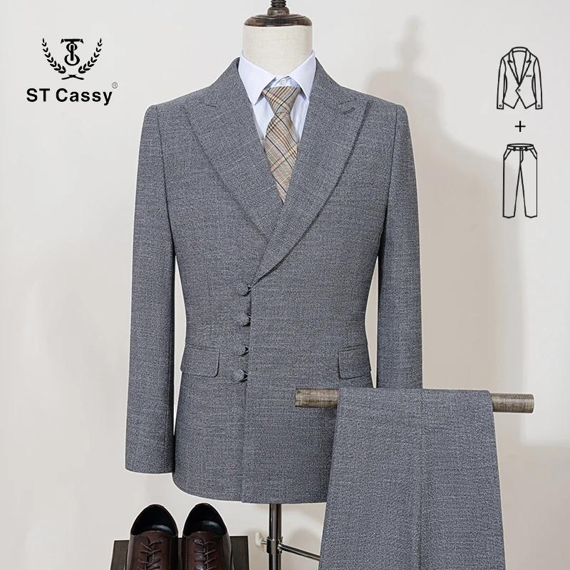 Costume homme élégant ST Cassy pour mariage, gris, coupe ajustée, double boutonnage, plusieurs bouto