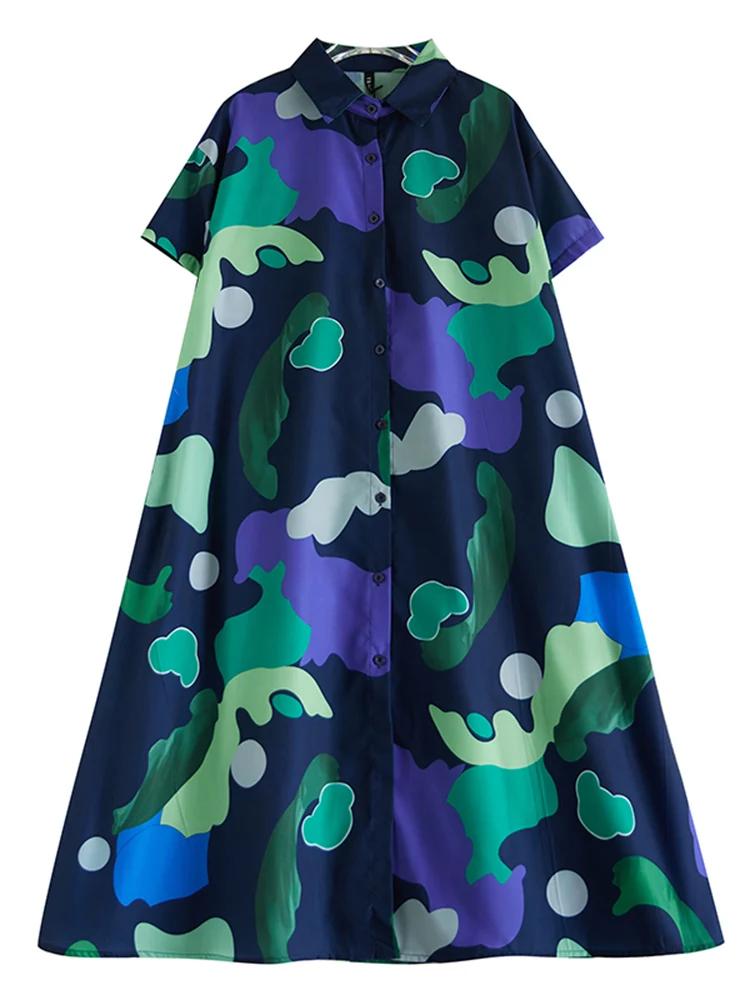 Robe chemise Vintage imprimée Patchwork pour femmes, manches courtes, ample, décontractée, mi-longue