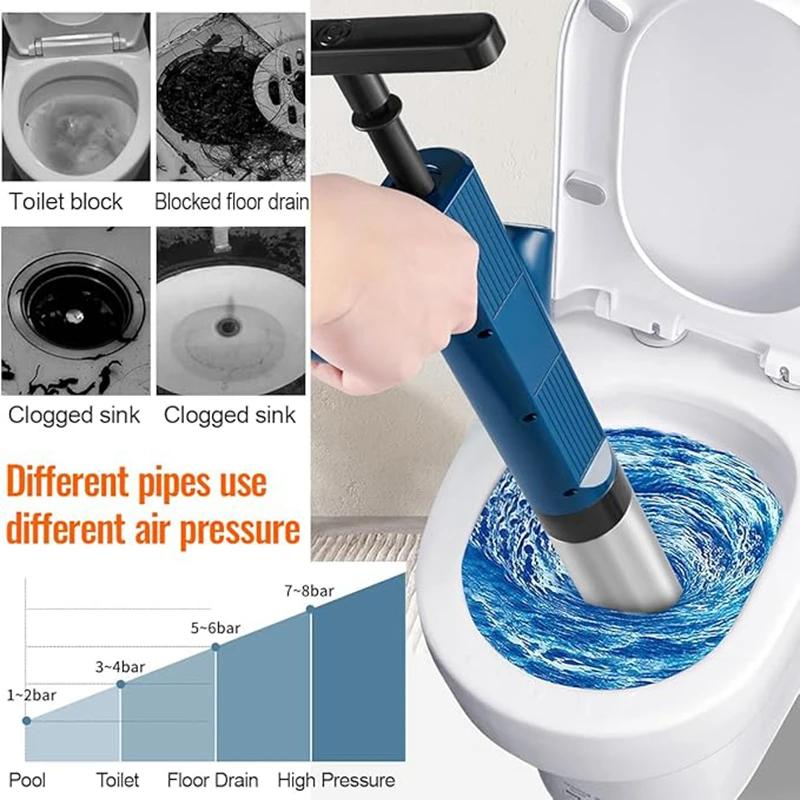Puissant piston de toilette en acier inoxydable, déboucheur de tuyaux, pneumatique, haute pression, 