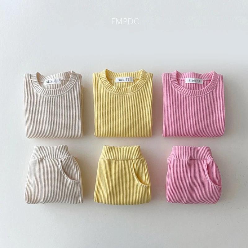 Ensemble de vêtements coréens pour bébés garçons, faux deux pièces en coton gaufré + pantalon, tenue