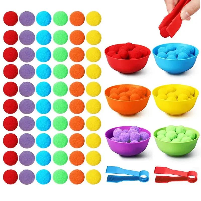 Jouets de comptage et de tri pour enfants, pompons, couleurs arc-en-ciel, bols en plastique, pincett