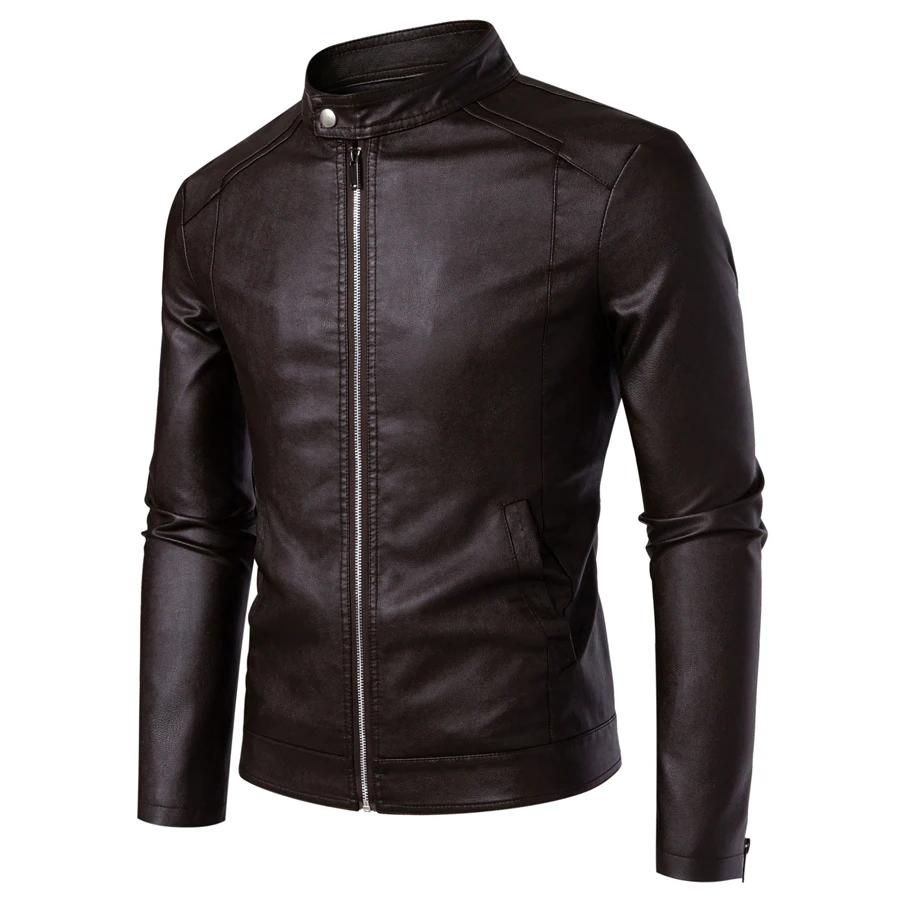 Blouson en cuir PU ajusté pour homme à col montant, style motard, tendance printemps-automne
