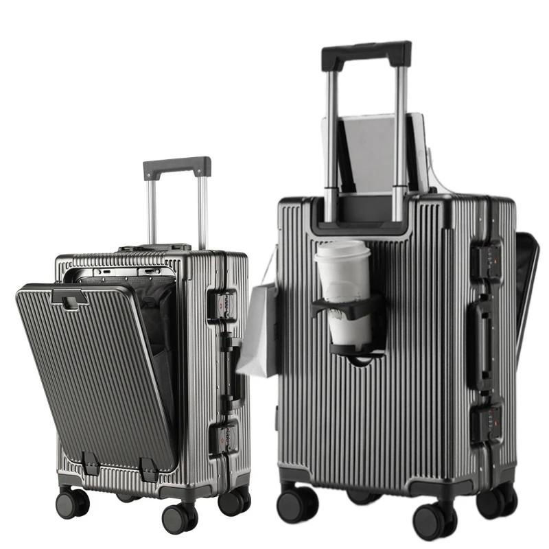 Valise à cadre en alliage d'aluminium, poche d'ouverture avant avec prise de chargement USB, sac de 
