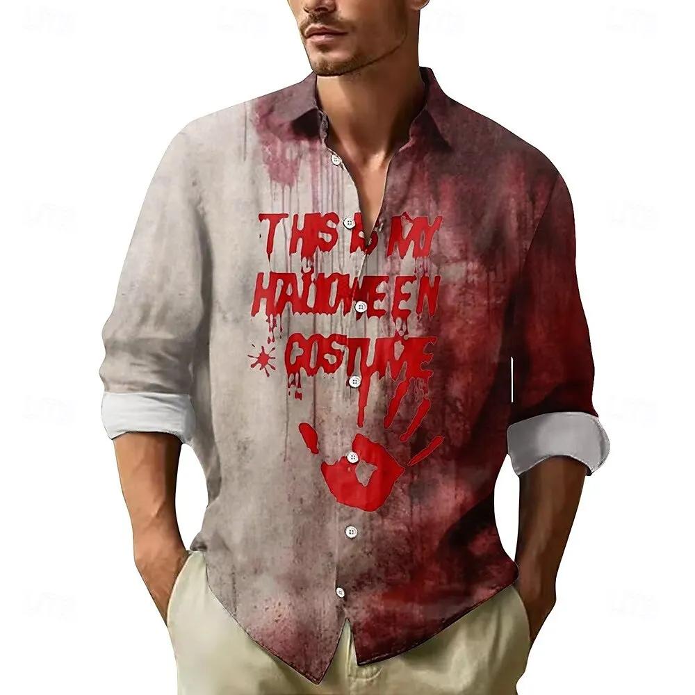2025 Halloween hommes lettre imprimée taches de sang chemise boutonnée chemise à manches longues fon