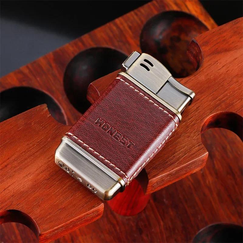 Briquet à tuyau gonflable en métal pour hommes, conception de feu oblique, briquet en cuir brossé, c