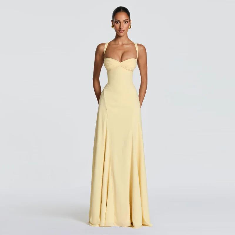 Robe longue jaune froncée à la poitrine avec dos croisé et lacets, fluide, longueur ras du sol, pour