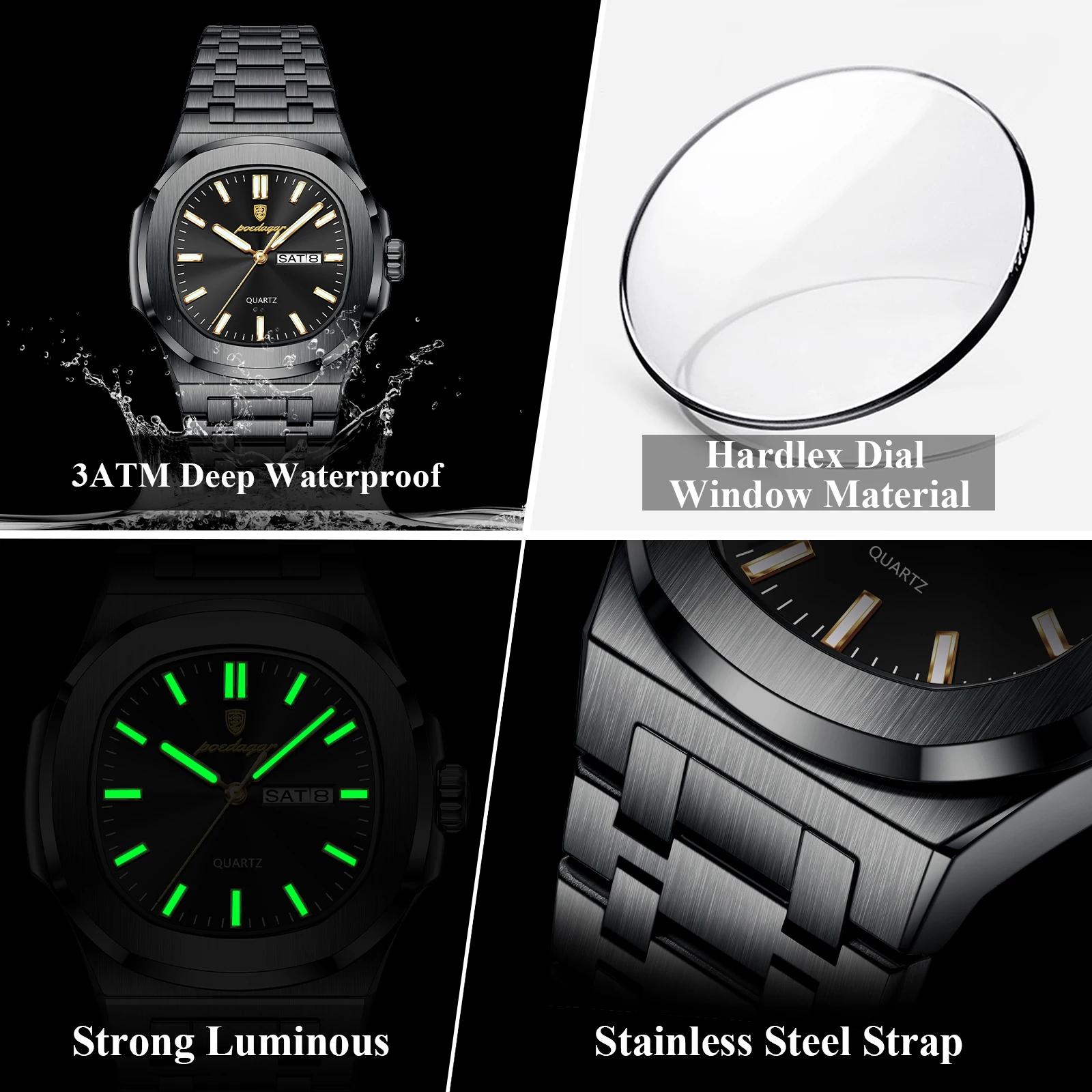 POEDAGAR luxe carré hommes montres étanche lumineux Date semaine hommes montre en acier inoxydable m