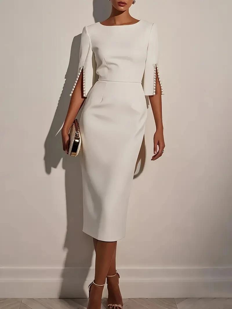Robe mi-longue élégante pour femmes, couleur unie, col rond, demi-manches, décorée de perles, coupe 
