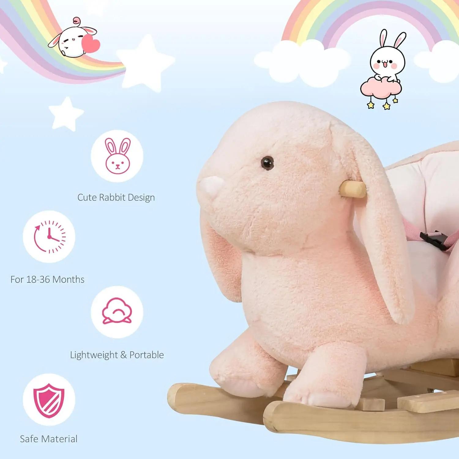 Qaba bébé cheval à bascule, lapin en peluche Animal Rocker avec son simulé, base en bois, ceinture d