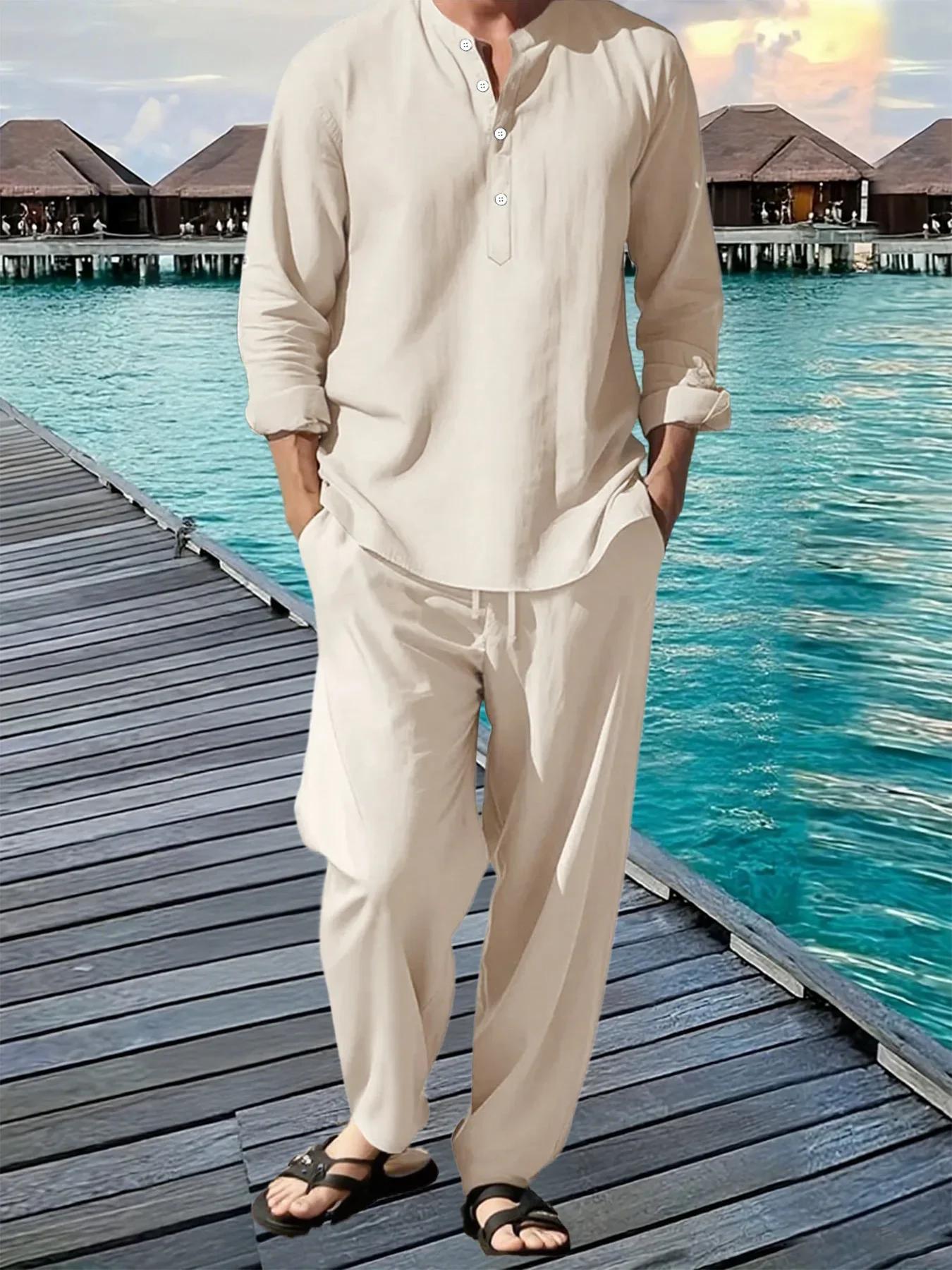 Costume chemise et pantalon pour hommes, respirant, plage, vacances hawaïennes, ensemble décontracté