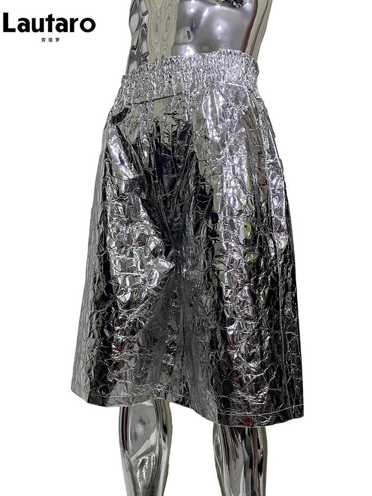 Lautaro été automne brillant argent Faux cuir Shorts pour hommes avec taille haute élastique Y2K Str