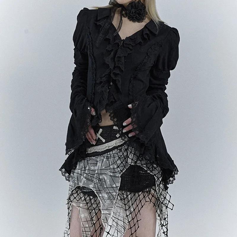 Karrcat-Chemise gothique en dentelle noire, chemisiers irréguliers esthétiques foncées, style CHRIST