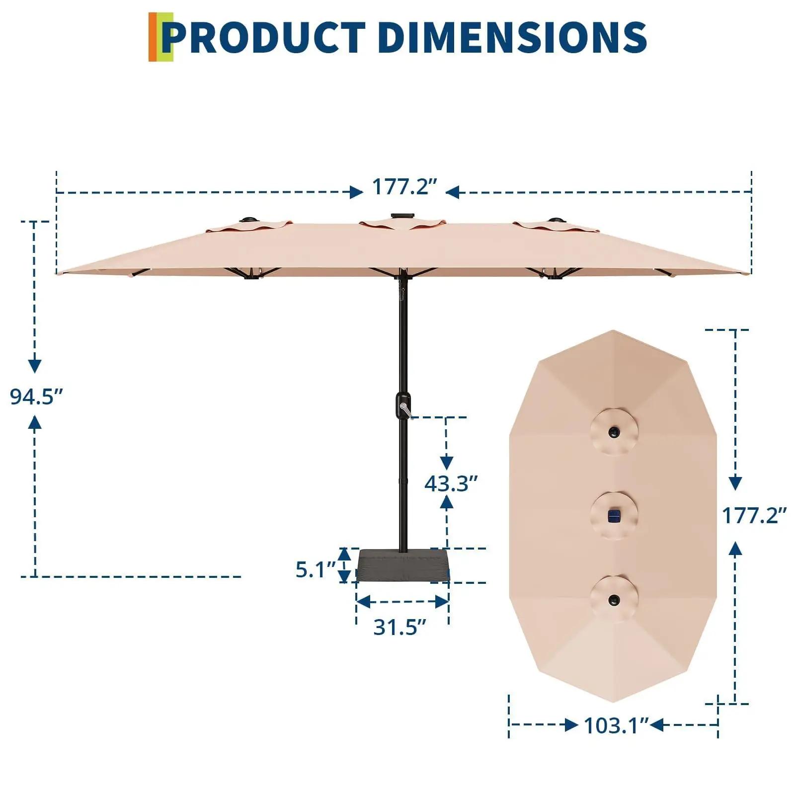 Parasol de patio extérieur de 15 pieds avec lumières LED solaires et base, grand pare-soleil rectang
