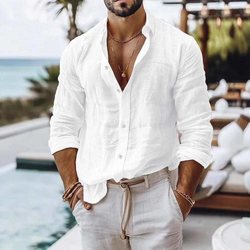 Chemise en coton et lin pour hommes, Style plage d'été, couleur unie, simple boutonnage, chemises re