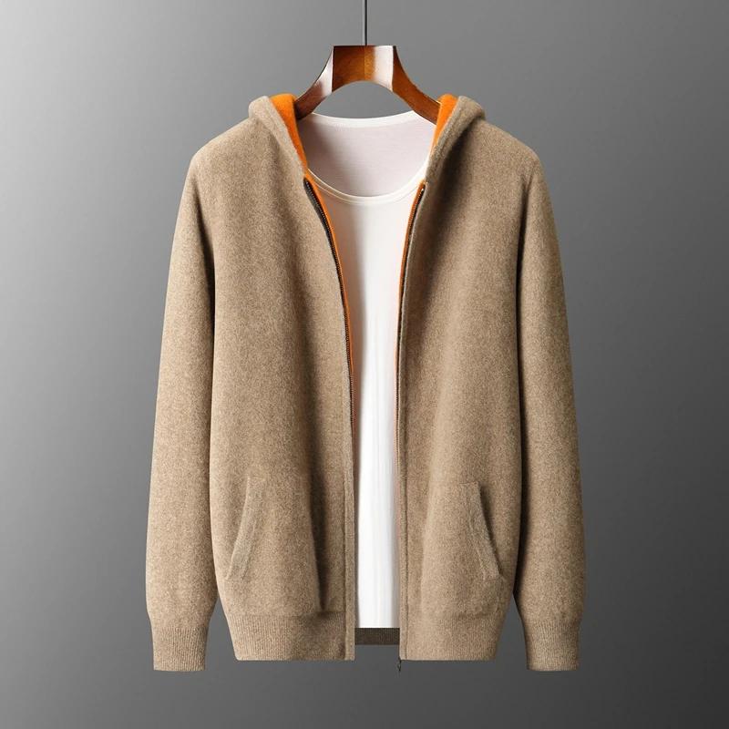 Épais à capuche hommes fermetures éclair Pure laine pull Cardigan automne hiver 100% laine tricots D