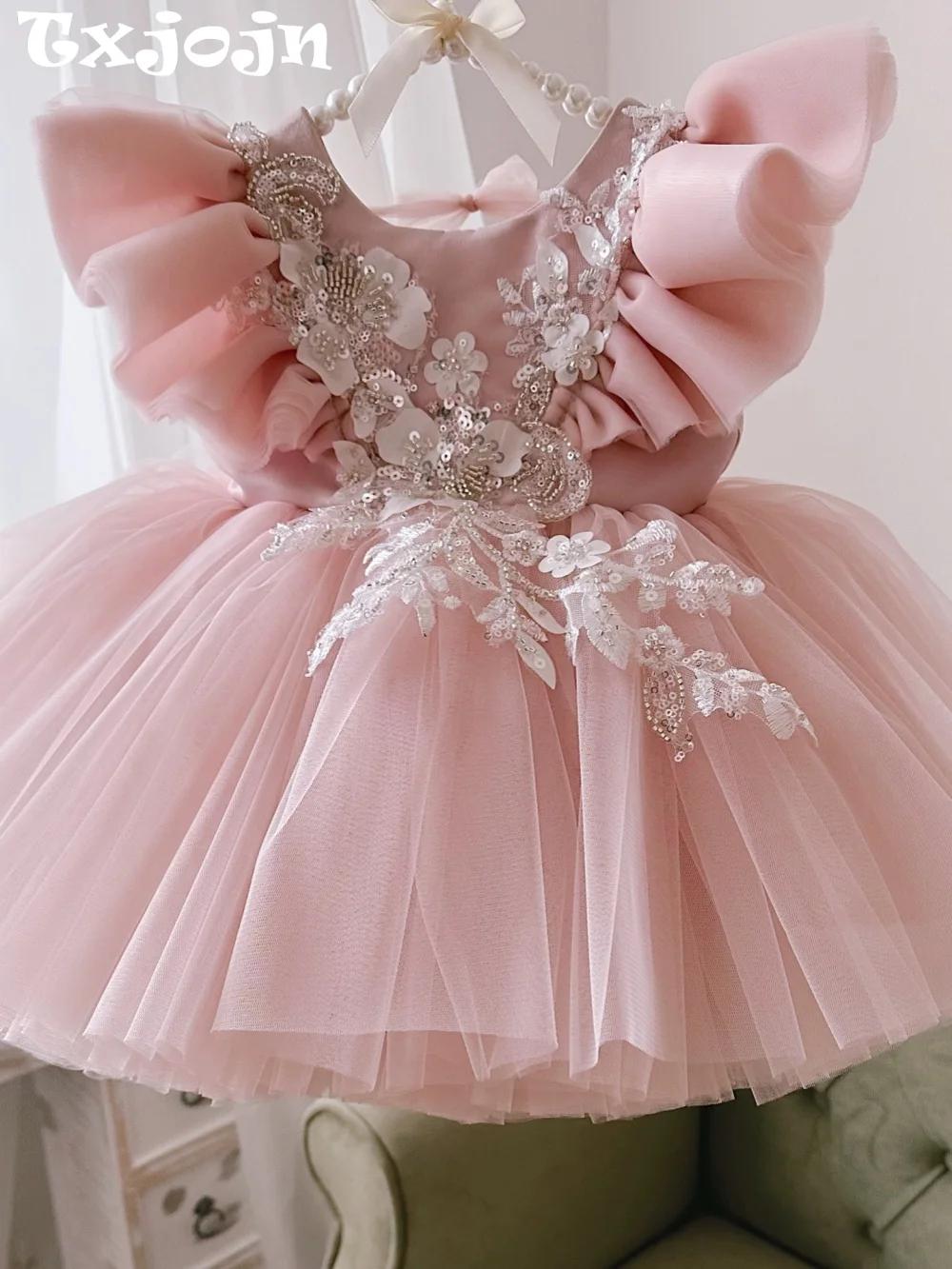 Robe d'anniversaire pour filles, avec des Appliques de perles roses, Mini robe de princesse pour enf