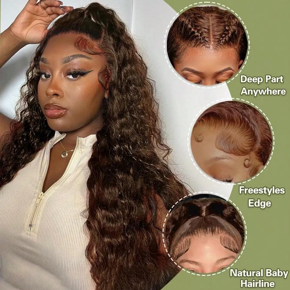 Perruque Lace Front Wig naturelle ondulée, cheveux naturels bruns, brun chocolat, 13x6, densité 250%