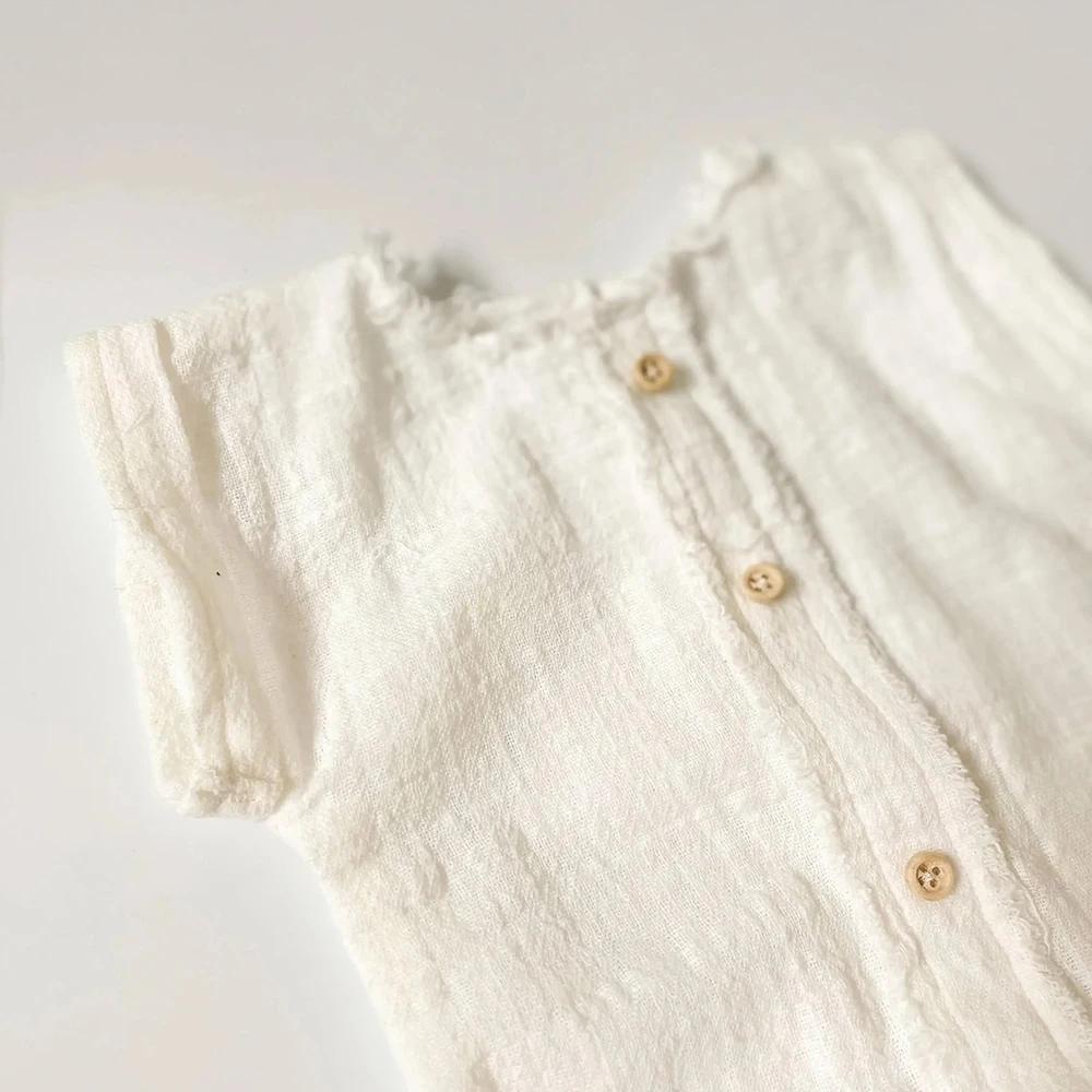 Barboteuse de photographie pour nouveau-né, bouton en lin blanc, manches courtes, accessoires Photo 
