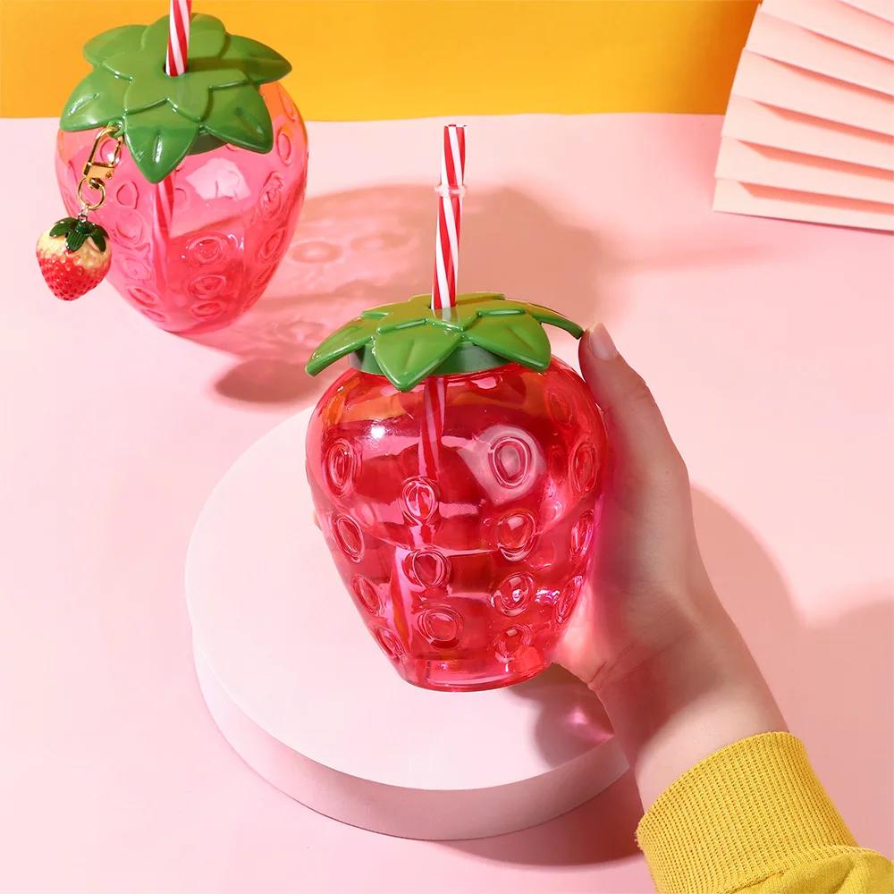 Tasse de paille de fraise 500ml, 1 pièce, dessin animé mignon d'été, qualité alimentaire PP, large A