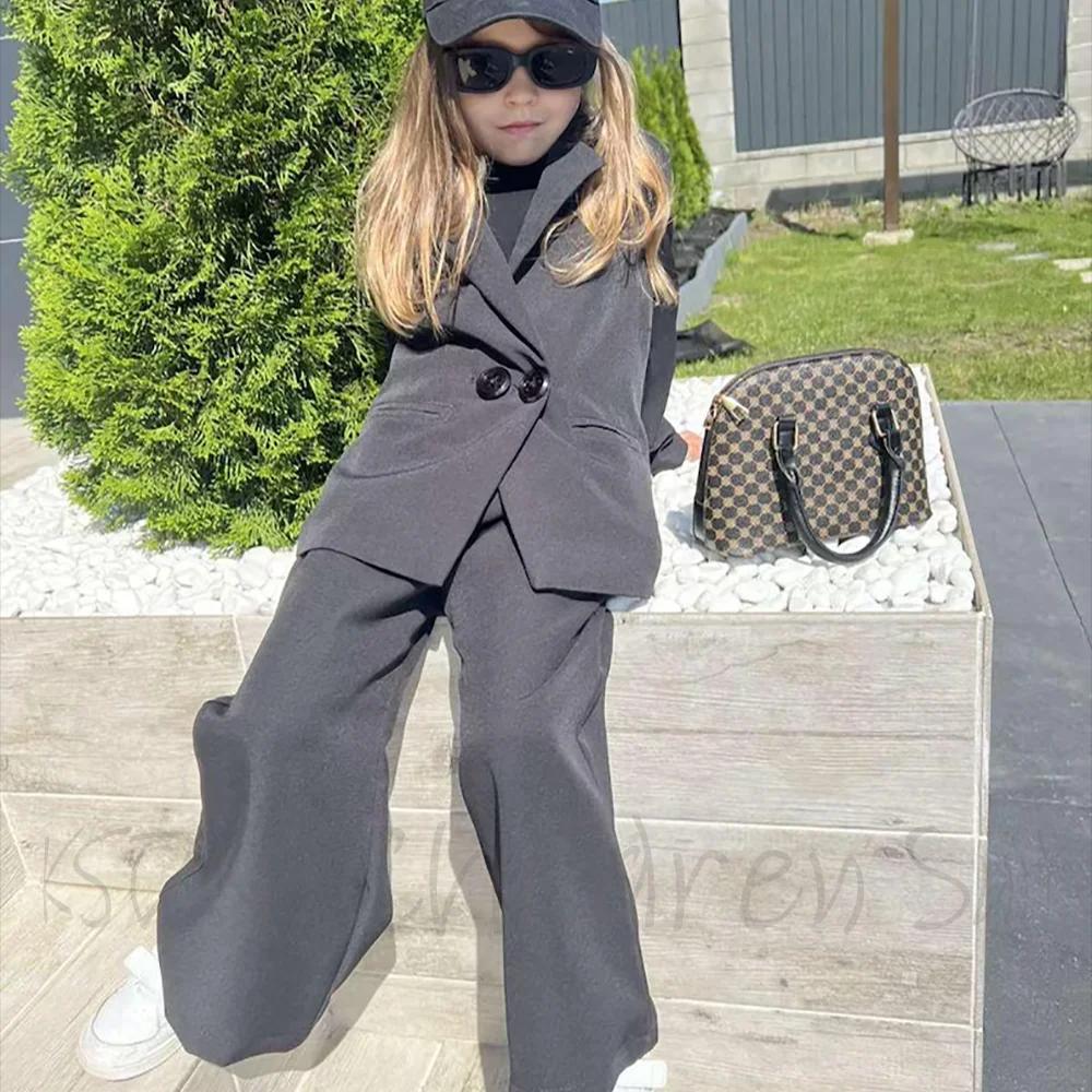 Costume pour filles, ensemble 2 pièces à la mode, revers cranté, Double boutonnage, vêtements de cér