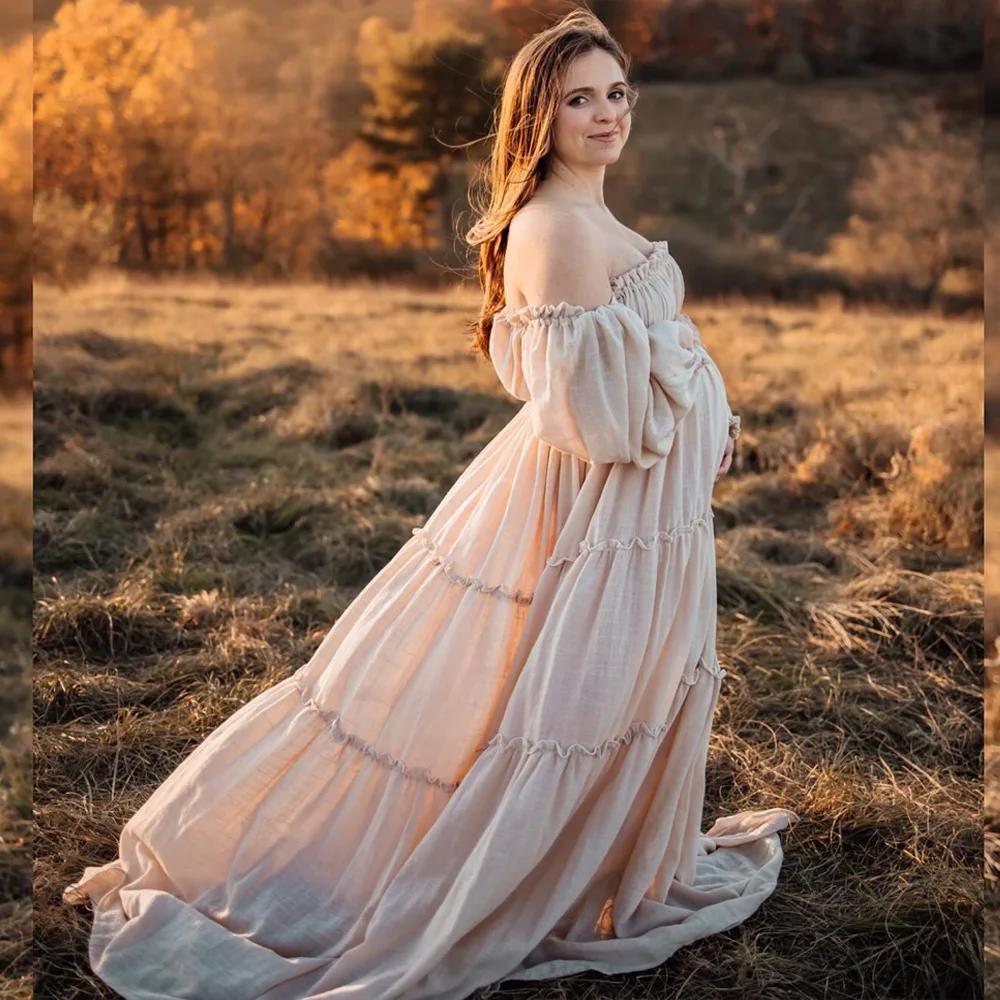 Robe de gâteau en coton et lin doux, épaules dénudées, manches longues, style bohème, pour séance Ph