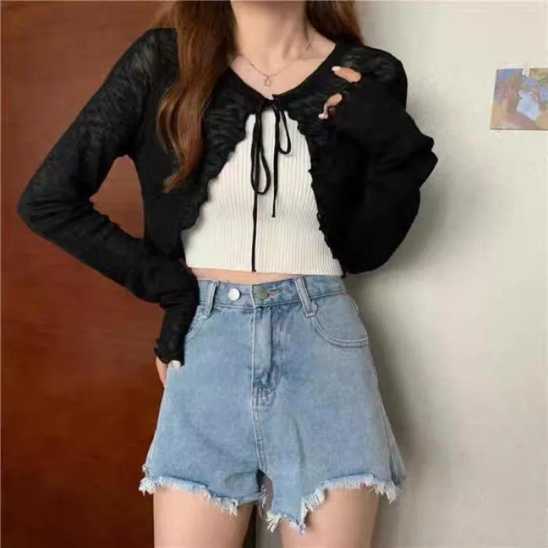 Cardigan d'été fin pour femmes, protection solaire, tricot à lacets, hauts féminins, Style coréen, m