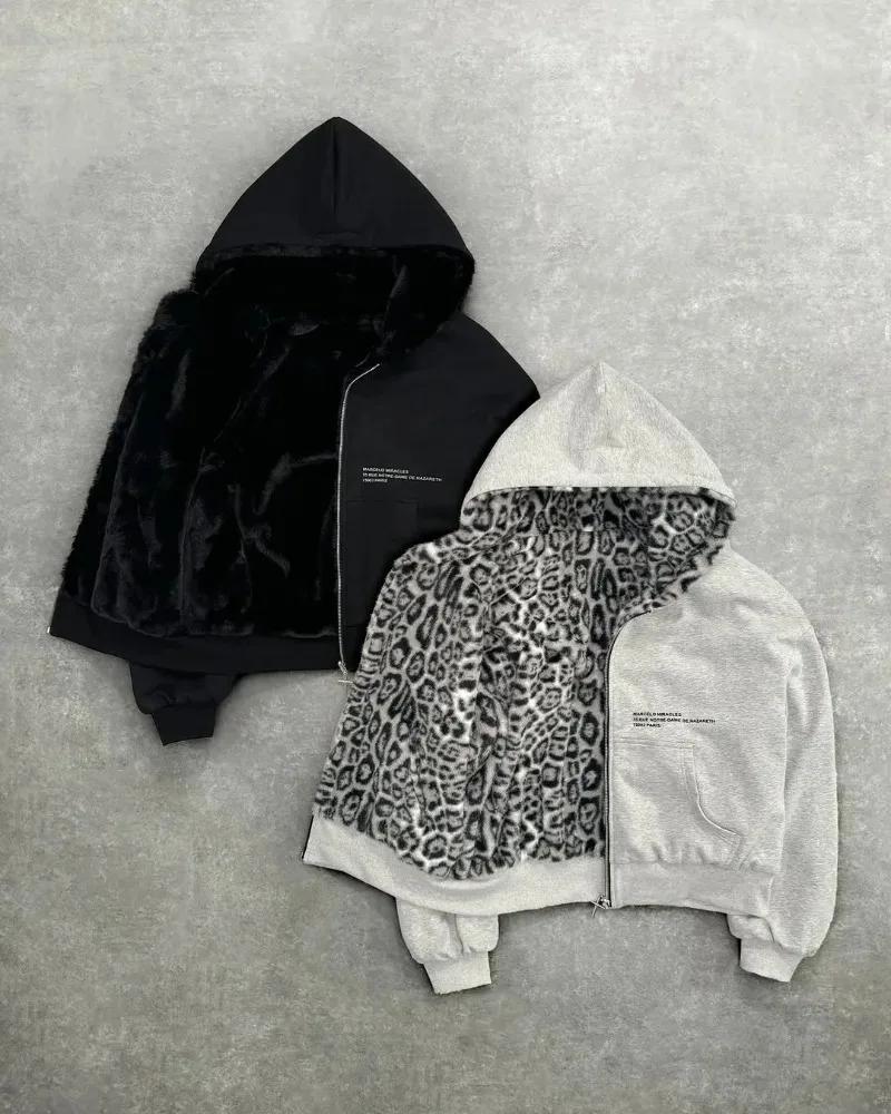 Hip-hop nouveaux vêtements double face Harajuku rétro imprimé léopard à la mode ample sweat à capuch