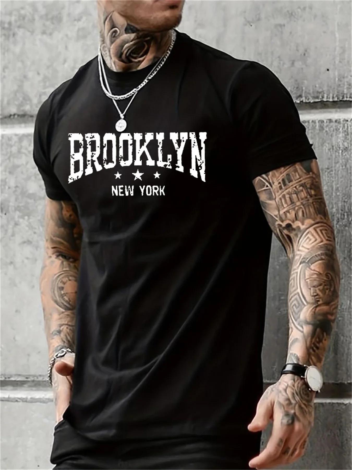 Hommes 100% pur coton été décontracté ample Brooklyn New York lettre imprimé confortable col rond à 