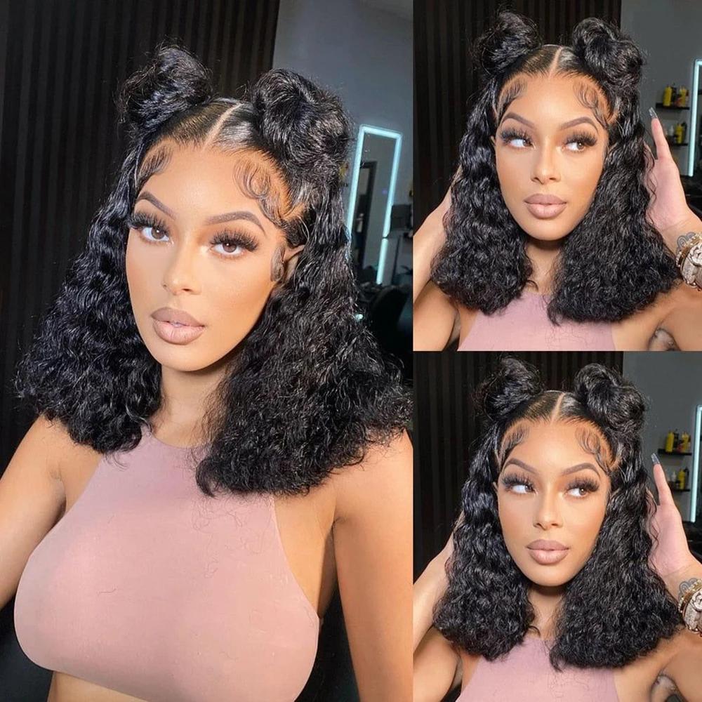 Perruque BOB Lace Front Wig naturelle bouclée, cheveux humains, 13x4 HD, pre-plucked, transparente, 