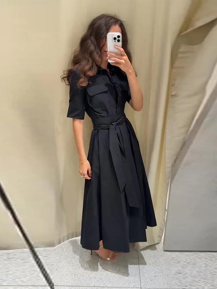Nouvelle Robe Longue Plissée Noire Élégante pour Femme avec Ceinture, Manches Longues et Col Revers,