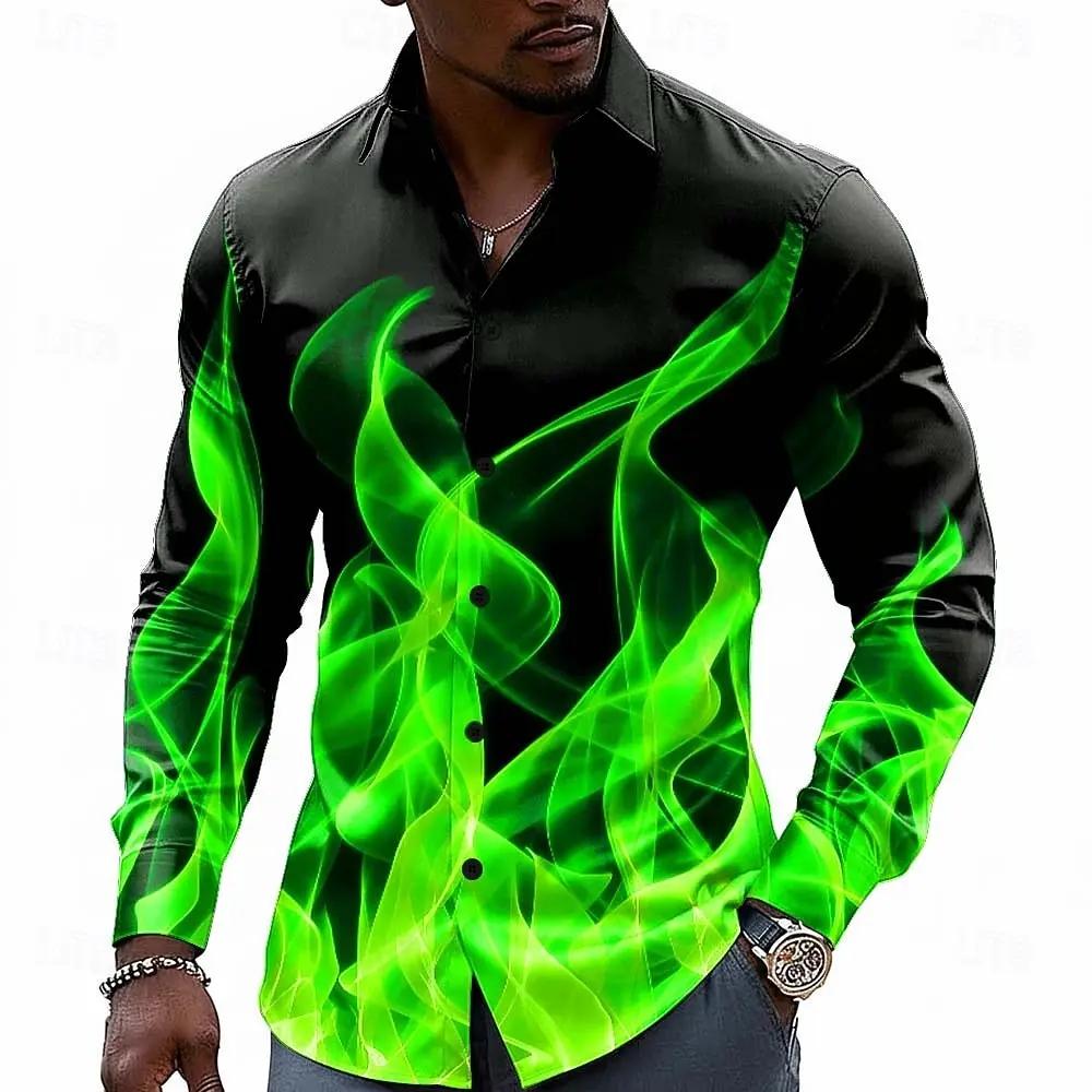 Chemise à boutons pour homme à effet d'illusion optique flamme néon, décontractée, à manches longues