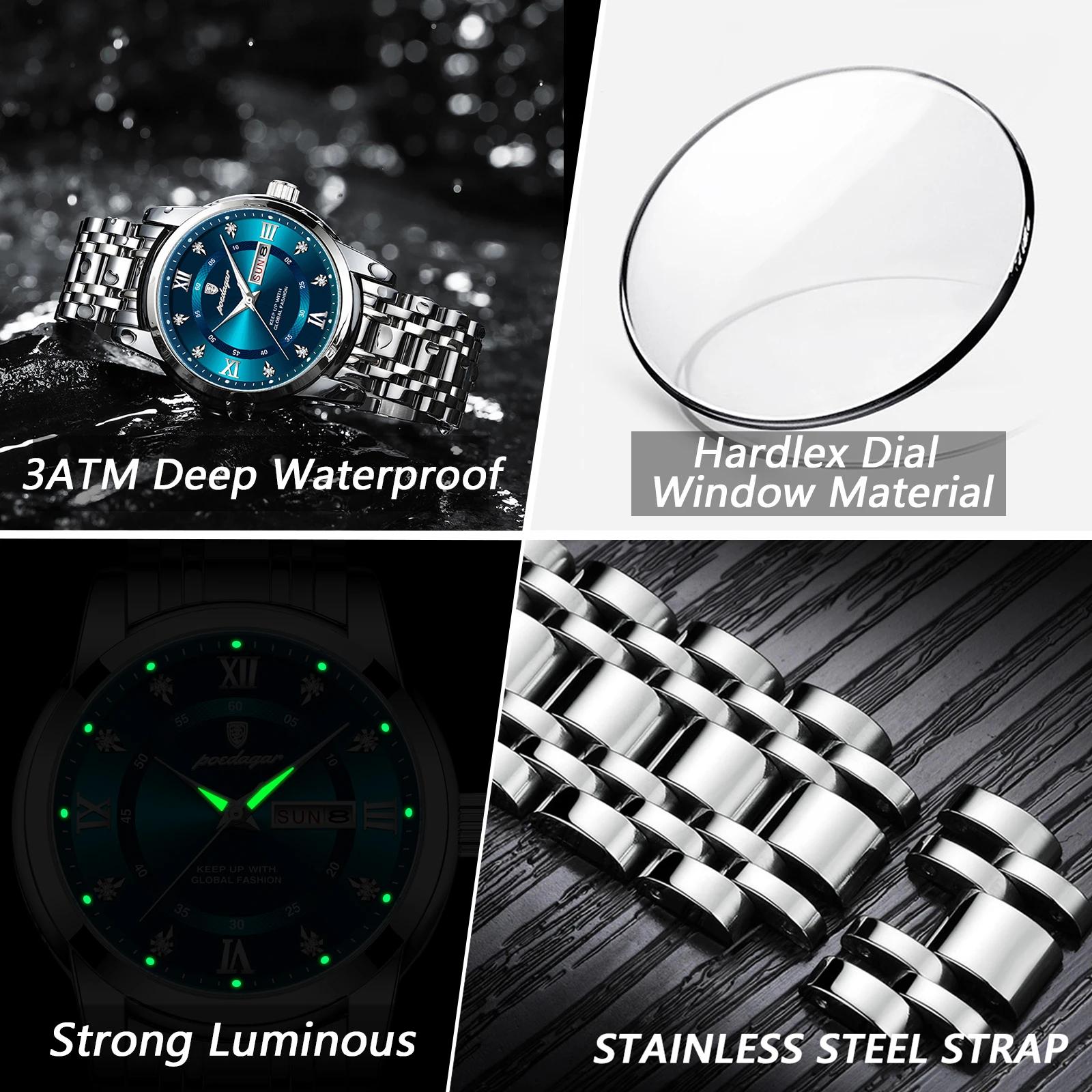 POEDAGAR luxe à la mode homme montre-bracelet étanche en acier inoxydable lumineux hommes montre Dat