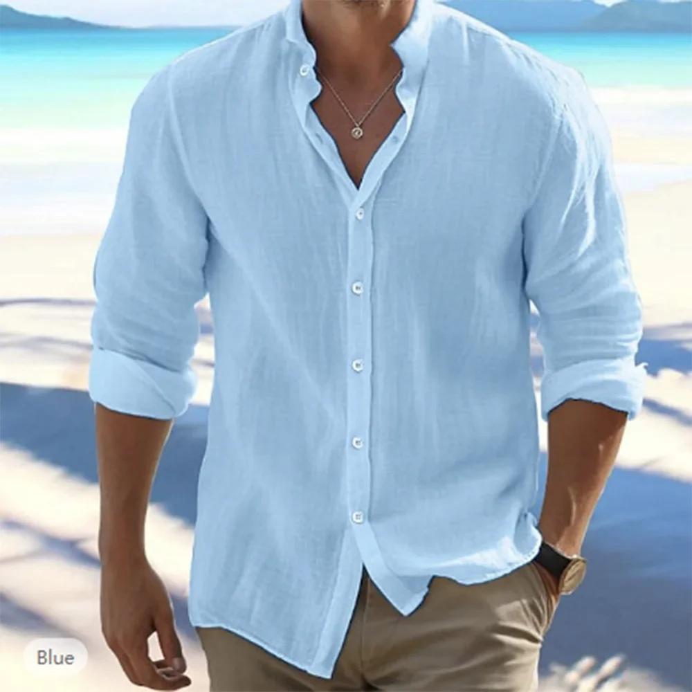 Hommes à manches longues coton lin été offre spéciale plage Style chemises couleur unie décontracté 