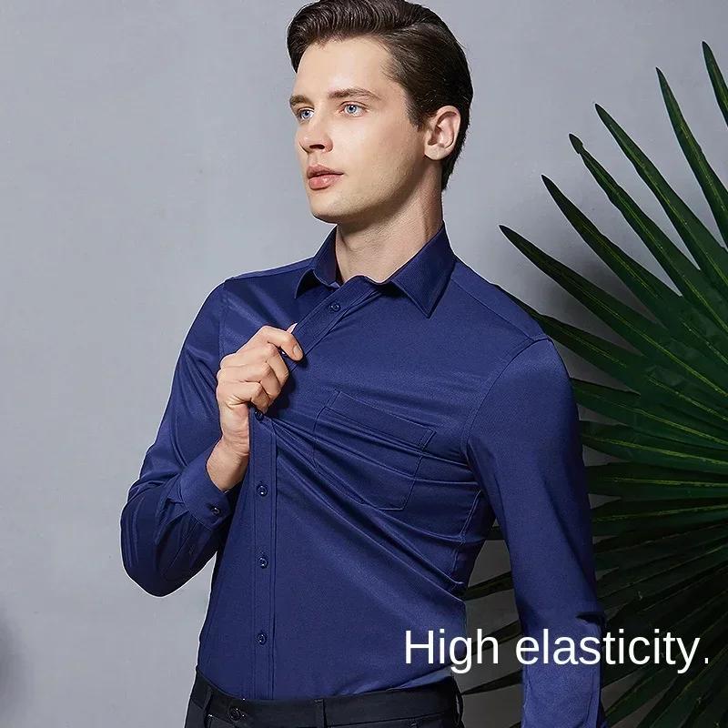 Chemise élastique à manches longues pour hommes, robe d'affaires sans repassage, tenue de travail pr