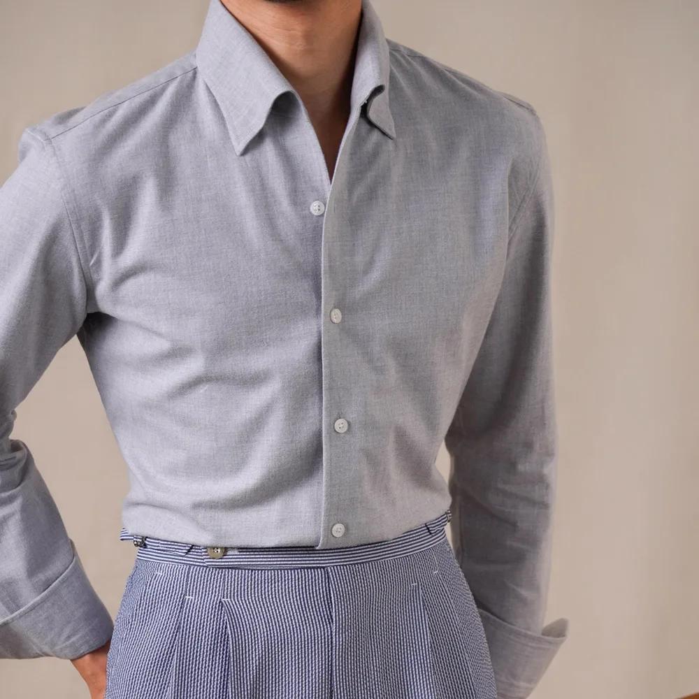 Chemise Homme Formelle 100% Coton Mélangé Style Italien Col Uni Manches Longues 2026 Décontractée Ca
