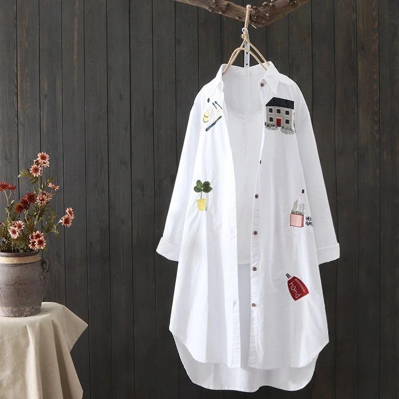 Femmes coton broderie ample longues chemises blanches 2025 printemps automne nouveau décontracté bur