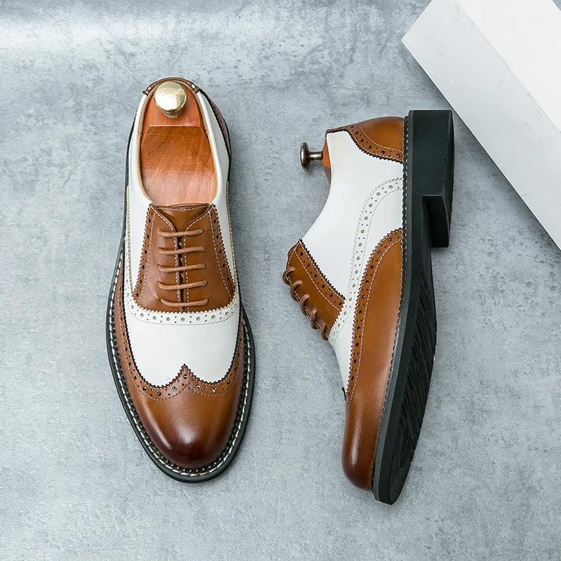 Chaussures en cuir britanniques pour hommes, couleur assortie, blanc, marron, affaires décontractées