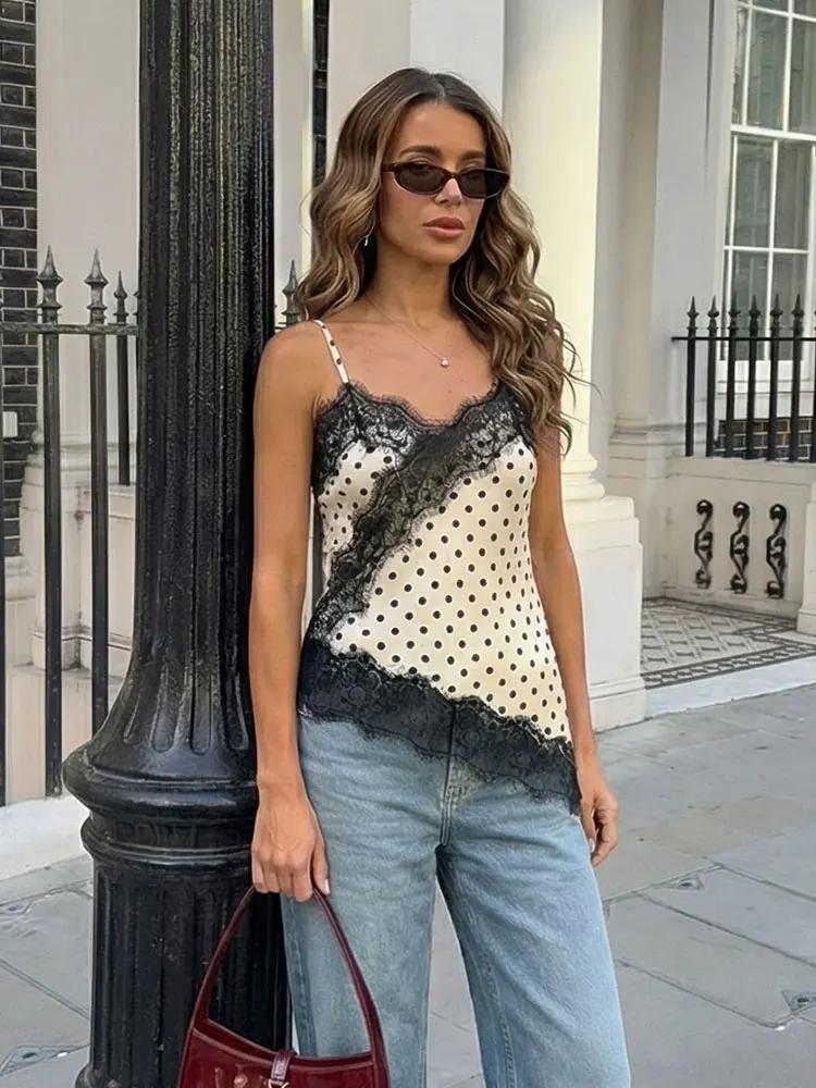HH Femme Élégante Débardeur à Pois en Dentelle à Ourlet Asymétrique, Camisole Sexy d'Été avec Empièc