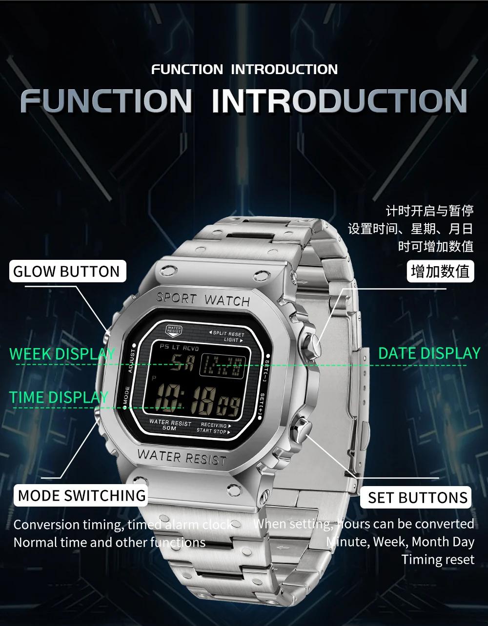 SANDA 2162 montre électronique pour hommes carré étanche multi fonctionnel montre-bracelet carré mod