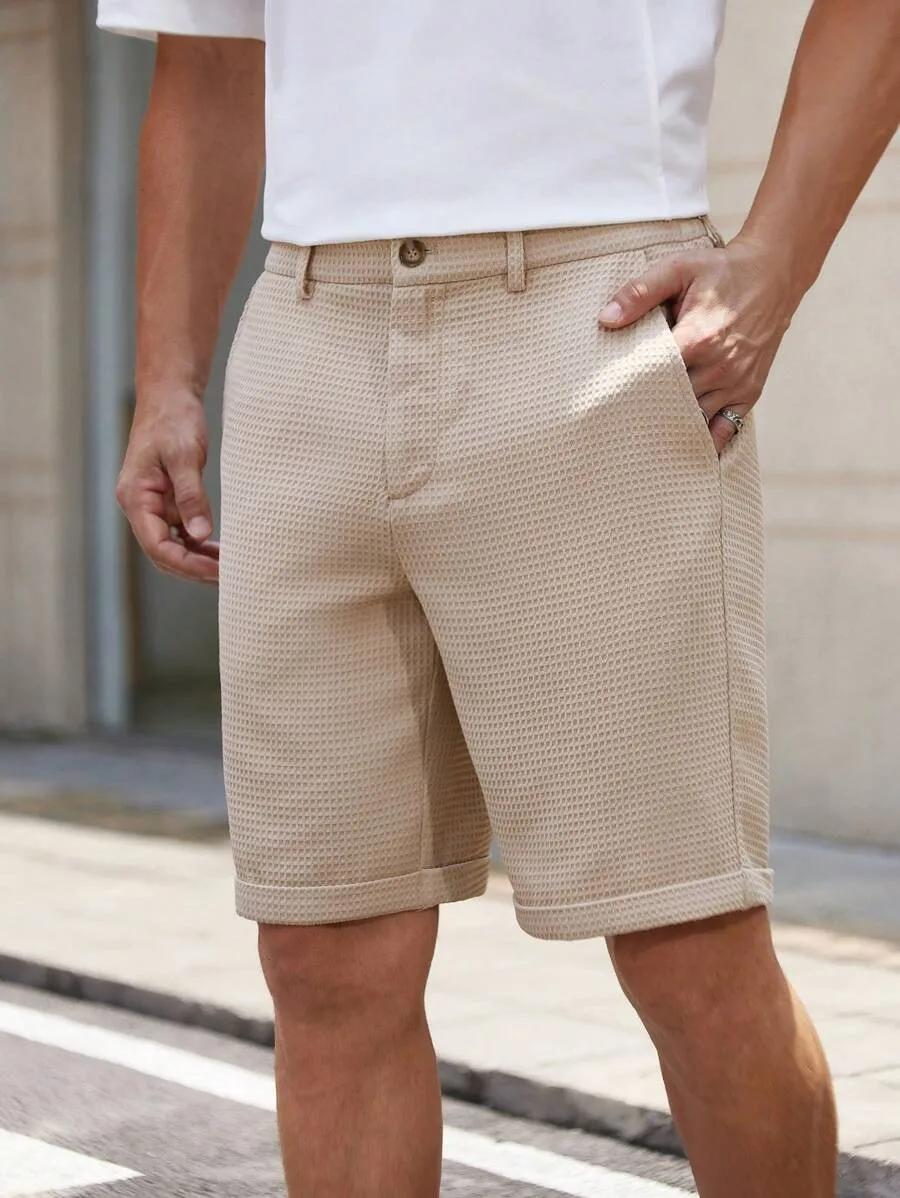 Shorts pour hommes à texture gaufrée, coupe slim, couleur unie, taille à boutons, décontractés d'été