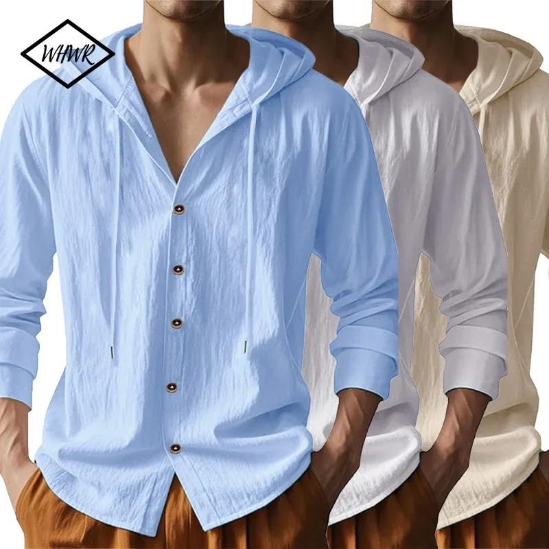 Été offre spéciale plage Style chemises hommes à manches longues avec capuche coton lin couleur unie
