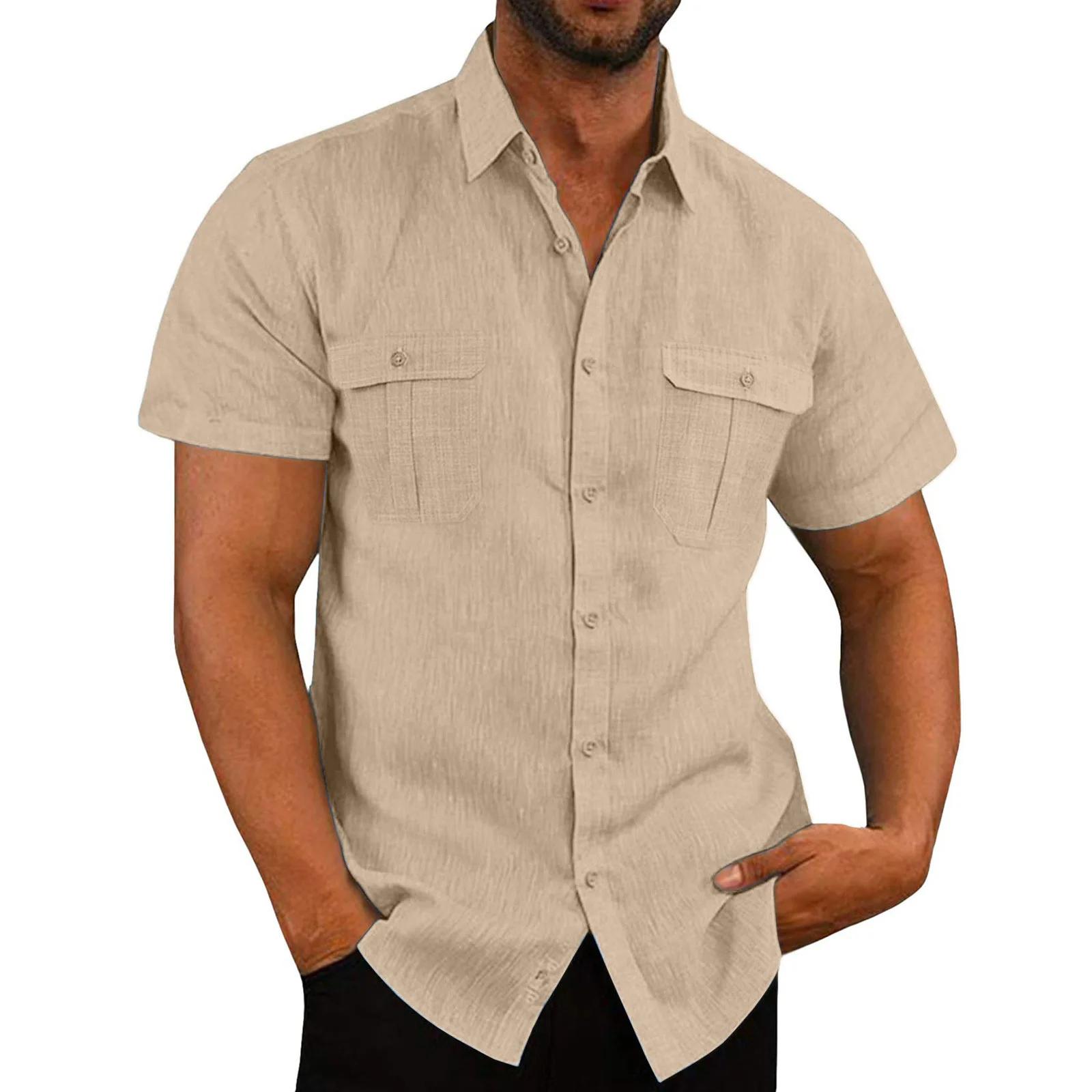 Chemise en coton et lin pour hommes, avec poches, décontractée, plage, manches courtes, couleur unie