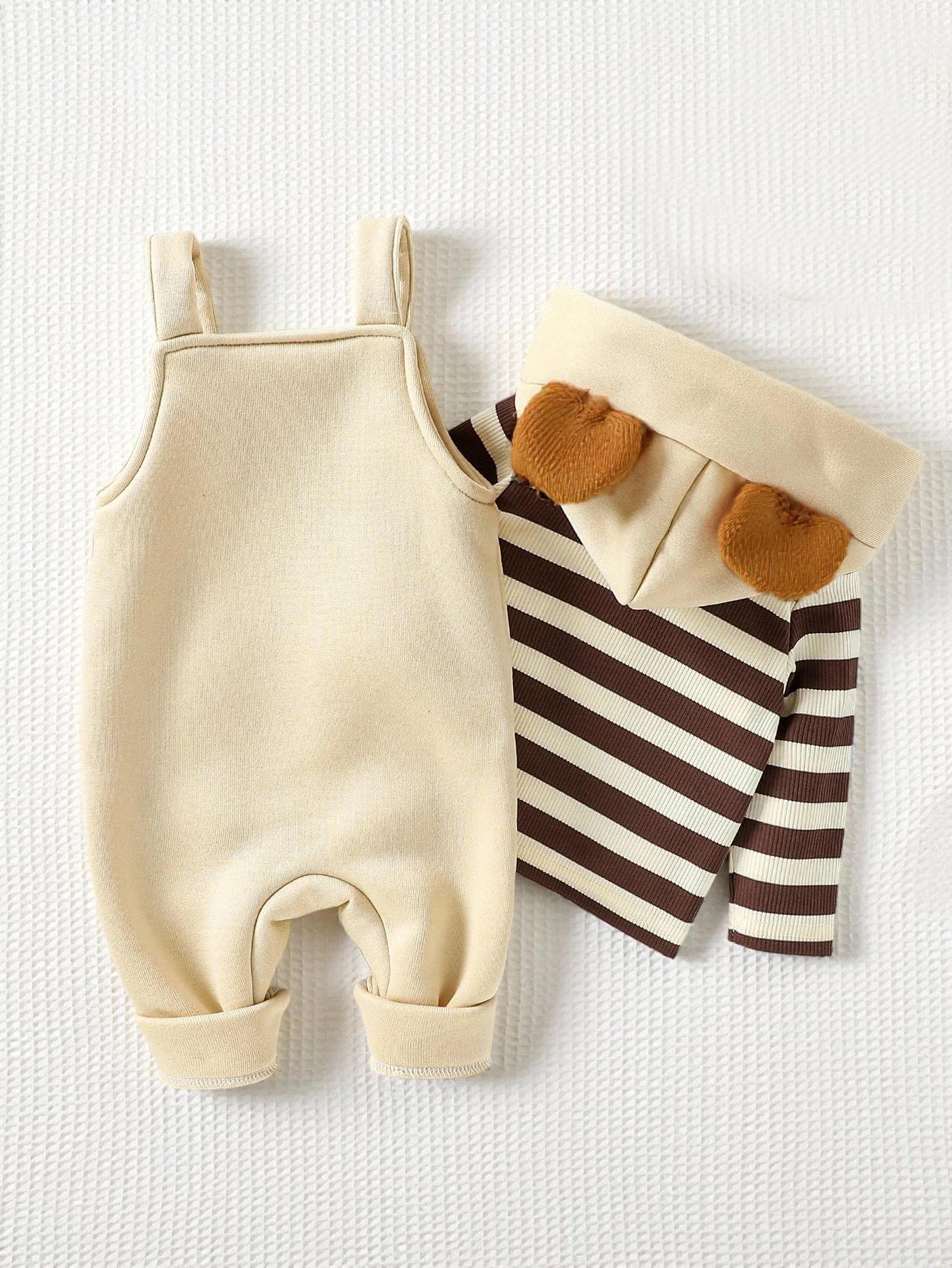 Ensemble de vêtements pour bébé garçon, sweat-shirt à capuche rayé à manches longues, salopette ours