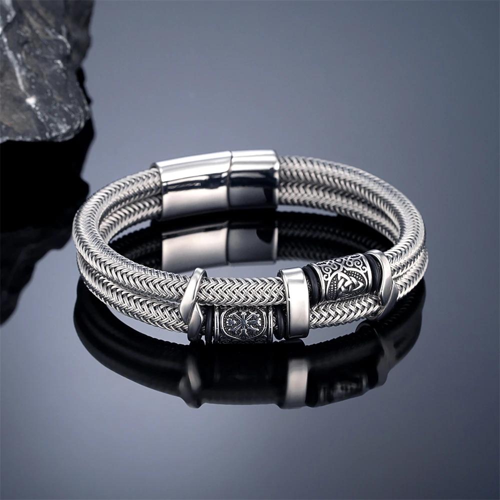 Vikings Runes Double couche Bracelet pour hommes en acier inoxydable câble métallique nordique Triqu