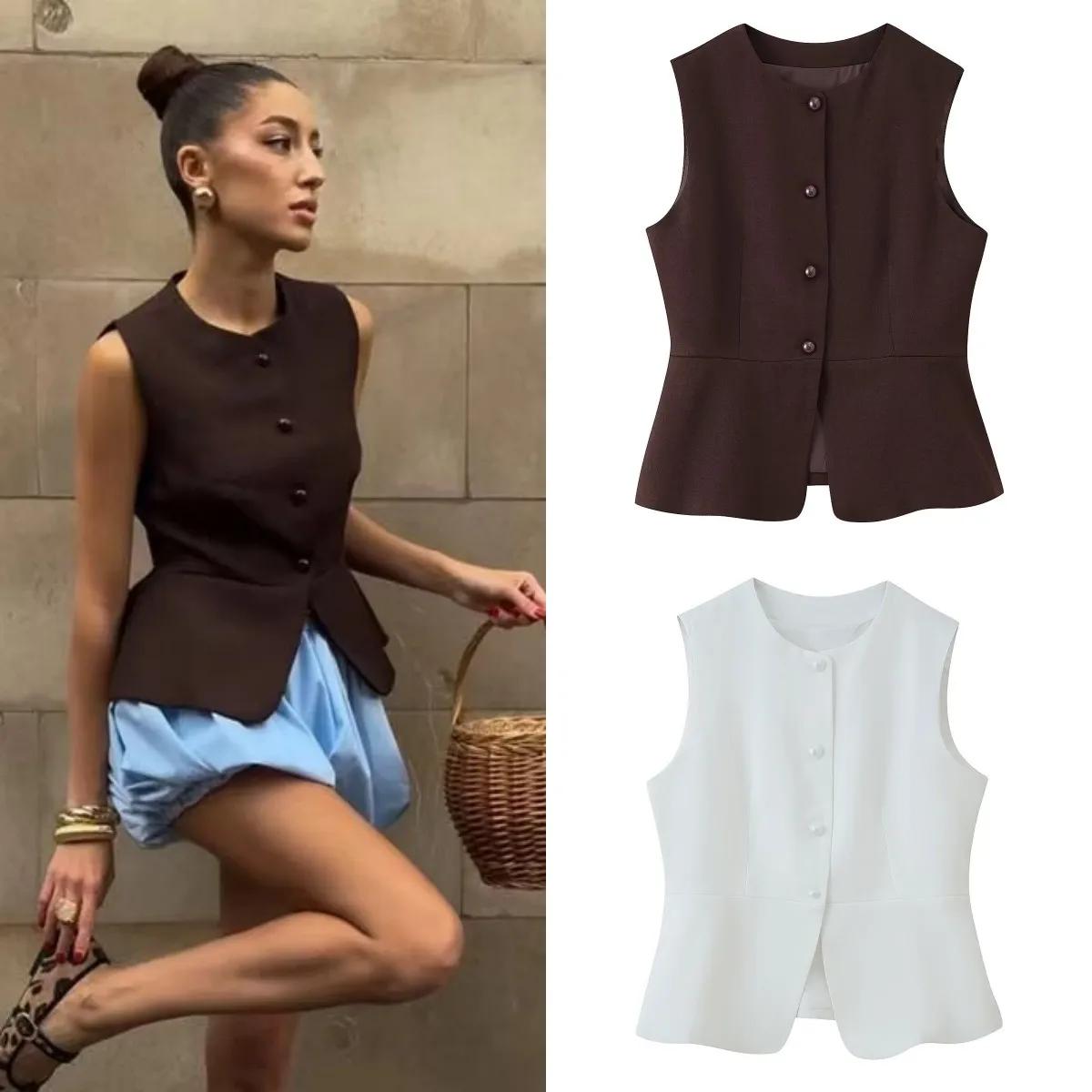 ETJ automne 2025 femmes élégant mode couleur unie col rond gilet tempérament polyvalent bouton up gi